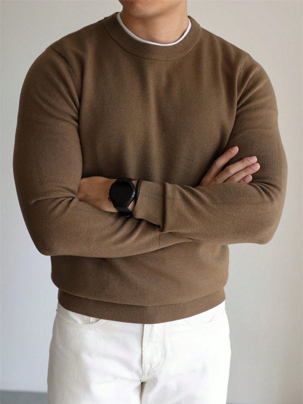 Brown Casual Men's Regular Fit Round Neck Long Sleeve Plain Crew Neck Sweater